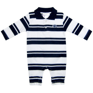 navy and white striped long leg rugby romper with Penn State Athletic Logo
